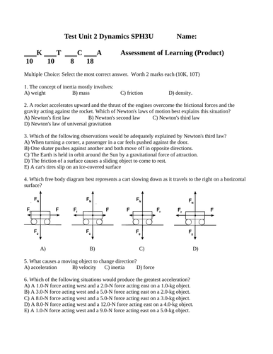 DYNAMICS and FORCES UNIT TEST Test Grade 11 Physics Unit Test WITH ANSWERS #10
