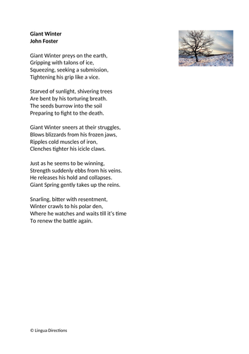 WINTER POEM. GIANT WINTER. READING COMPREHENSION KS2/KS3. WITH ANSWERS ...