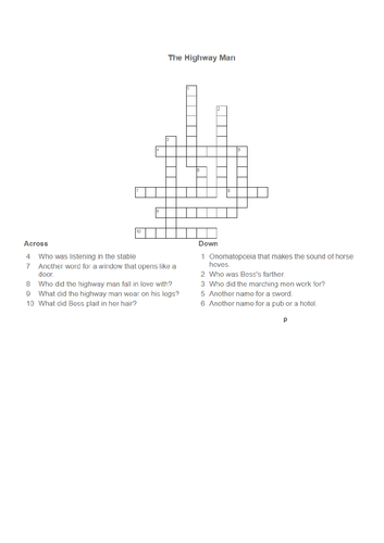 The Highway man crossword Teaching Resources