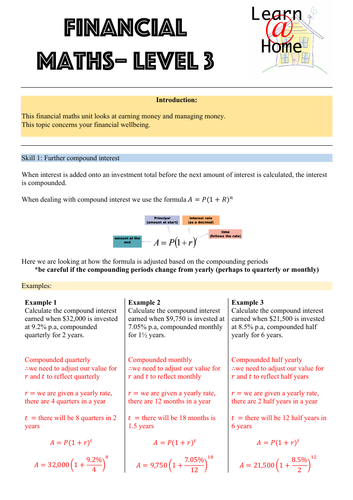 Financial Maths Level 3 Learn At Home Teaching Resources