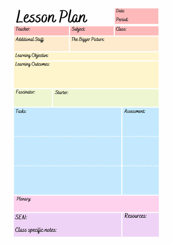 Lesson Plan Template in Rainbow Colours. Help structure lessons - great ...