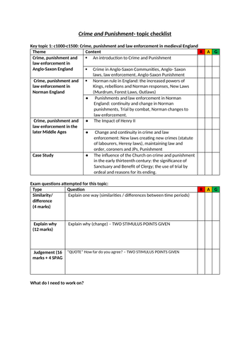 GCSE History topic check lists: Crime and Punishment through time