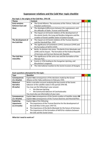 GCSE History topic check lists: Superpower Relations and the Cold War.