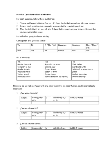 Practice: Ir a infinitive questions Teaching Resources