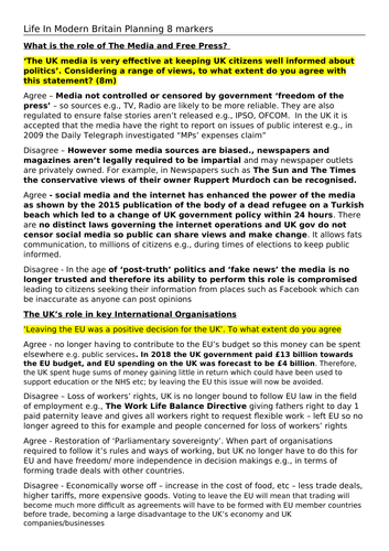 Citizenship Life in Modern Britain 8 marker plans