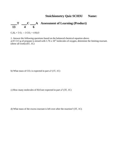 CHEMISTRY QUIZ STOICHIOMETRY Grade 11 Stoichiometry Quiz WITH ANSWERS #11