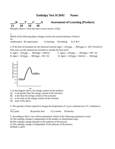 ENTHALPY TEST Exothermic Endothermic Reactions Chemistry TEST WITH ANSWERS #9