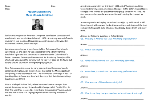 Popular music worksheet - comparing two pieces by Louis Armstrong