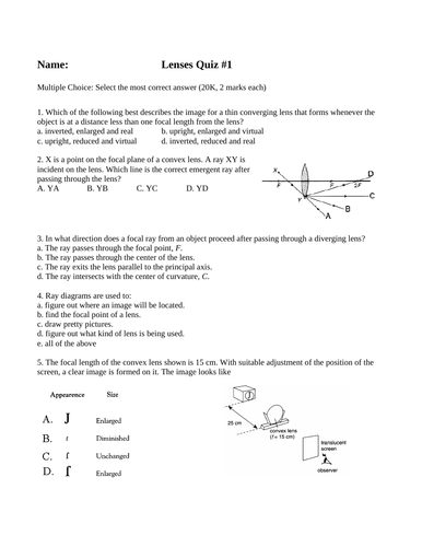 3 OPTICS QUIZZES LENSES Quiz WITH ANSWERS Physics Convex Lens Converging Lenses Diverging Lenses