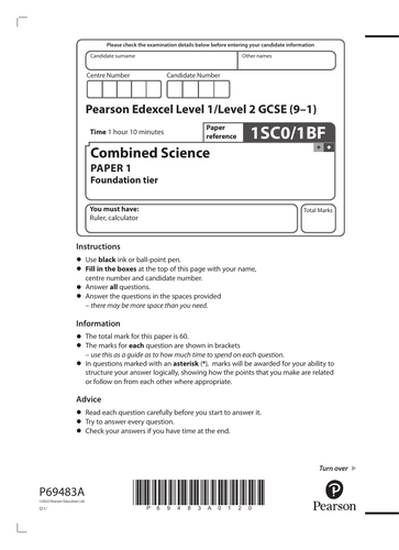 Edexcel GCSE 2022 Biology Combined Science Paper 1/2 Foundation Tier ...