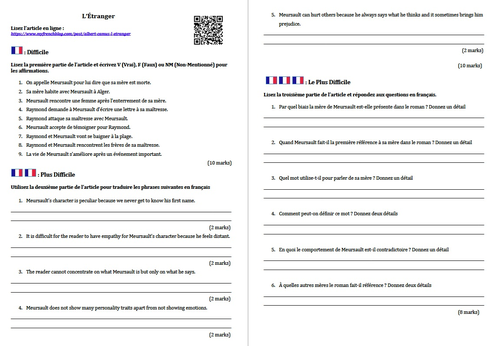 l'Etranger- Reading and Worksheet- A Level French | Teaching Resources