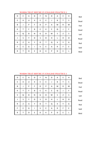A WORD SEARCH OF WORDS THAT RHYME IN ENGLISH PRACTICE 1. | Teaching ...