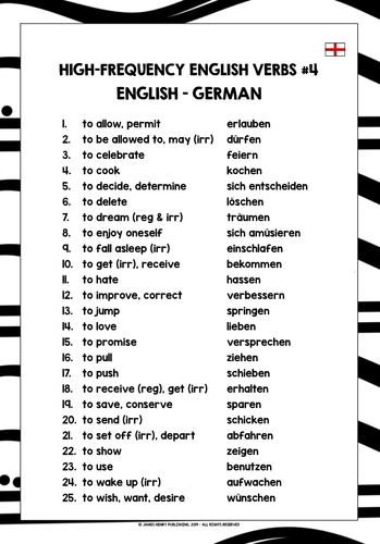 ENGLISH FOR GERMAN SPEAKERS VERBS LIST FREEBIE #4 | Teaching Resources