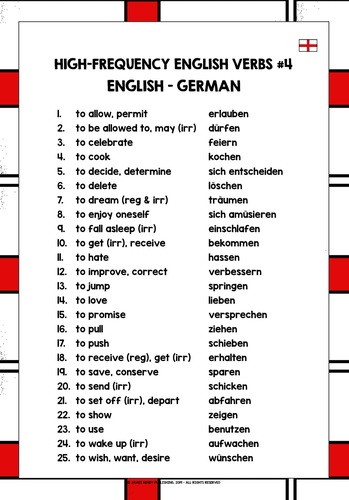 ENGLISH FOR GERMAN SPEAKERS VERBS LIST FREEBIE #4 | Teaching Resources