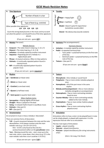GCSE Elements of Music revision sheet | Teaching Resources