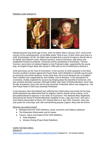 OCR Tudor Rebellions | Kett's and Western 1549 | Teaching Resources