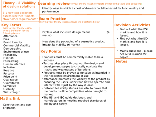 A Level Revision / Retrieval Design and Technology - Viability of design