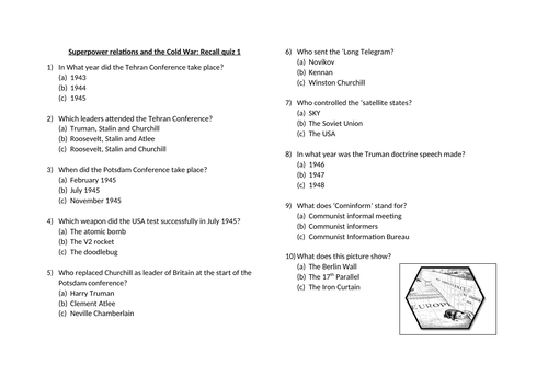 GCSE History Superpower Relations and the Cold War revision quizzes