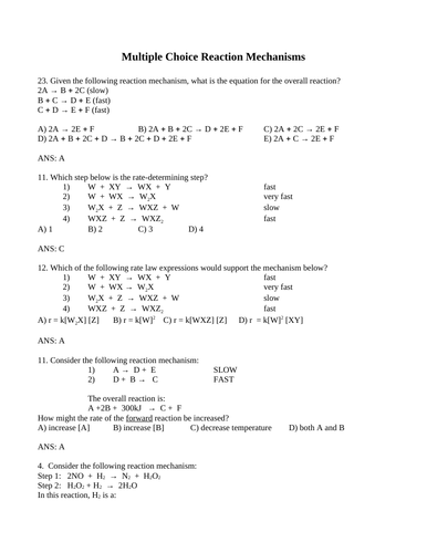 REACTION MECHANISMS Multiple Choice Grade 12 Chemistry WITH ANSWERS (9PGS)