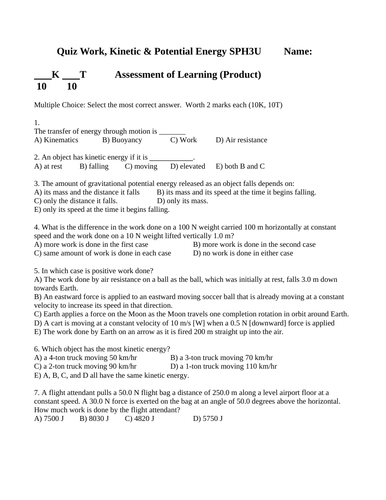 QUIZ WORK AND ENERGY Quiz SPH3U Grade 11 Physics Quiz WITH ANSWERS #10