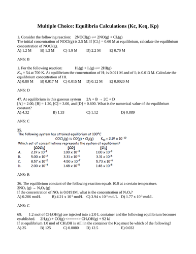 CALCULATING EQUILIBRIUM CONSTANT Multiple Choice Grade 12 Chemistry WITH ANSWERS