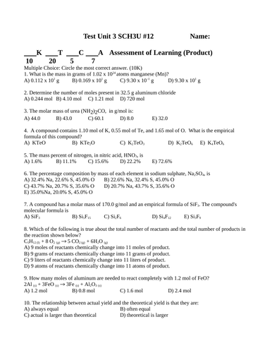 STOICHIOMETRY and MOLES TEST Grade 11 Chemistry Test SCH3U WITH ANSWERS #12