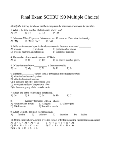 CHEMISTRY FINAL EXAM SCH3U Grade 11 Chemistry Exam 90 M.C. WITH ANSWERS #10