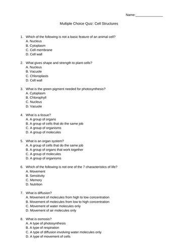 Cell Structures Quiz: Engaging Revision & Exam Prep Multiple Choice ...