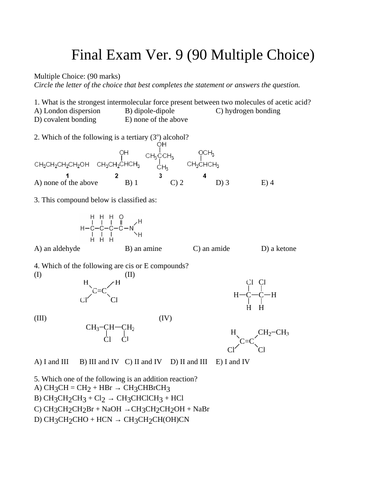 90 Multiple Choice CHEMISTRY FINAL EXAM SCH4U Chemistry Exam WITH ANSWERS #9