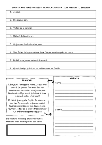 GCSE French Sports Translation Worksheets | Teaching Resources