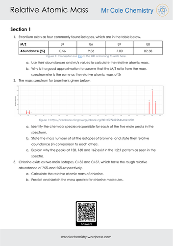 Relative Atomic Mass Worksheet Teaching Resources