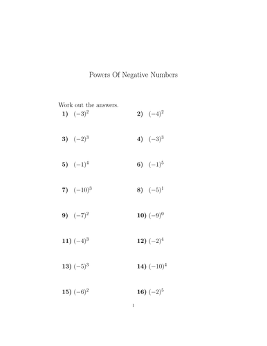 Powers Of Negative Numbers Worksheet (with solutions) | Teaching Resources