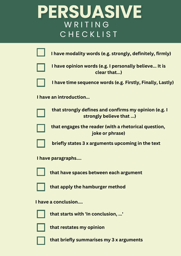 Persuasive Writing Checklist Teaching Resources