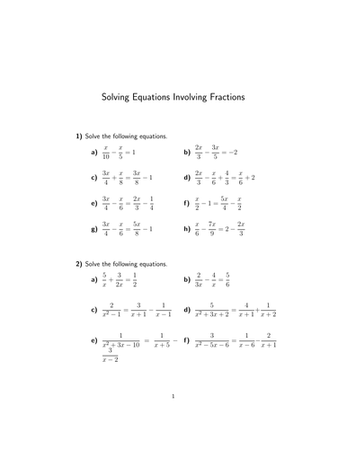 Solving Equations Involving Fractions Worksheet (with solutions ...