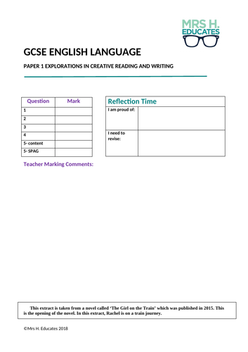 GCSE English Language Paper 1- Girl on the Train | Teaching Resources