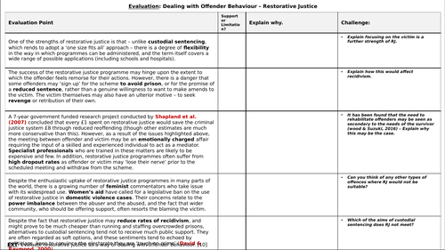 A-level Psychology - Restorative Justice As A Way Of Dealing With 