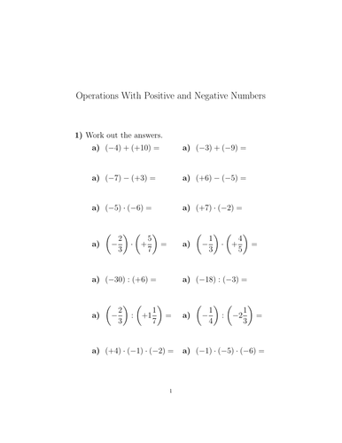 4 Operations With Positive And Negative Numbers Worksheet (with 