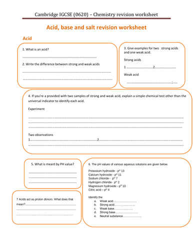 Acid ,Base and salt revision worksheet