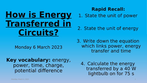 Physics - Energy Transfer in Circuits | Teaching Resources