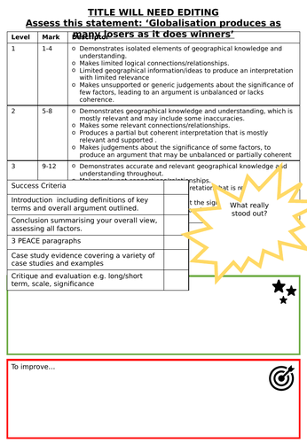 Edexcel A Level Geography Feedback Sheet and Mark Scheme | Teaching ...
