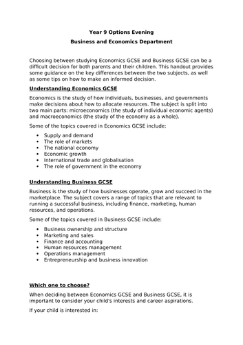 Options Evening Handout: Choosing between studying economics GCSE and ...