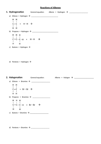 Reactions of Alkenes Practice Worksheet with Answers