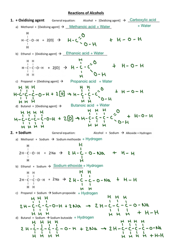 Reactions of Alcohols Practice Worksheet With Answers