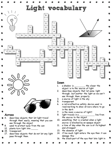 Light crossword: science topic assessment and revision puzzle