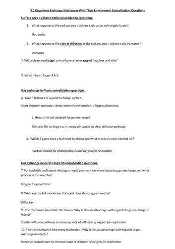 AQA Biology Topic 3 Gas exchange and mass transport revision Retrieval practice