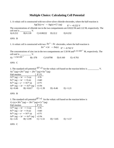 CALCULATING CELL POTENTIAL Multiple Choice Grade 12 Chemistry WITH ANSWERS (15PGS)