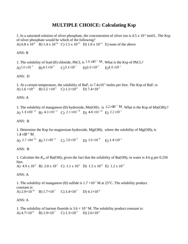 CALCULATING SOLUBILITY CONSTANT Ksp Multiple Choice Grade 12 Chemistry WITH ANSWERS (15PGS)