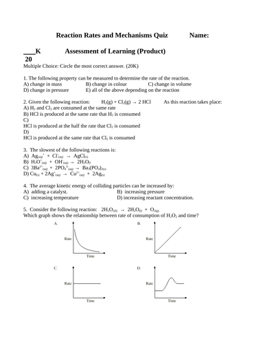 QUIZ REACTION RATES Quiz Grade 12 Chemistry Quiz WITH ANSWERS SCH4U #9