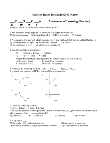 REACTION RATE TEST Grade 12 Chemistry Unit TEST WITH ANSWERS SCH4U Rates Test #9