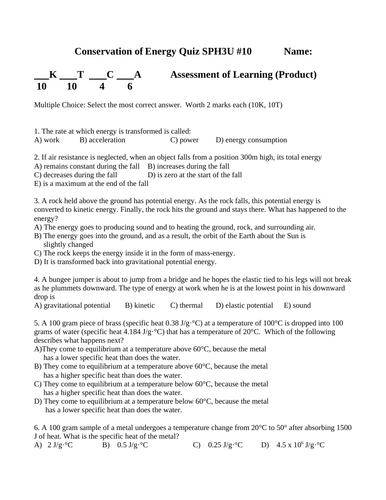 Power and CONSERVATION OF ENERGY QUIZ SPH3U Energy Physics Quiz WITH ANSWERS #10